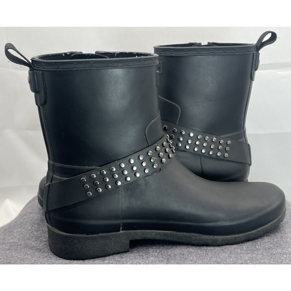 Hunter Refined Black Studded Biker Boot Womens 9 Rubber Rain Pull On Waterproof - Picture 8 of 10